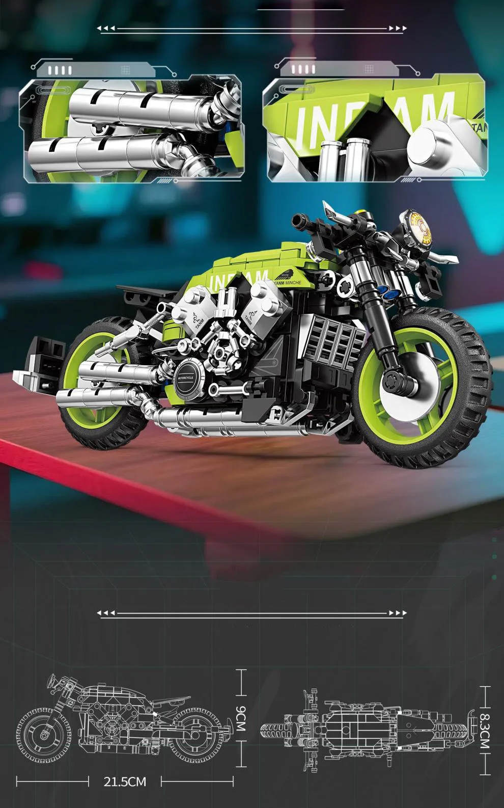Schnelles Motorrad XR155 RnineT ‌ Dragster 800 Indian Scout Modellbausatz, Motor-Konstruktions-Bausteine, Spielzeug für Geschenke – Detail 12