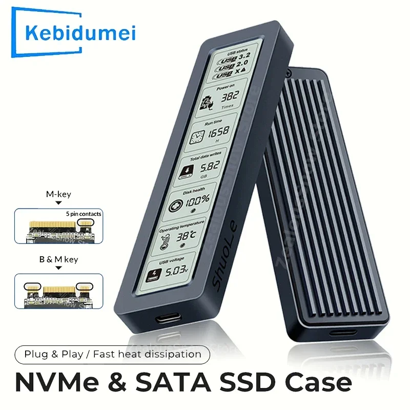 M2 SSD Case M.2 NVMe SATA SSD Enclosure Adapter With Display Screen Intelligent Digital 10Gbps USB 3.2 Gen2 External Disk Box