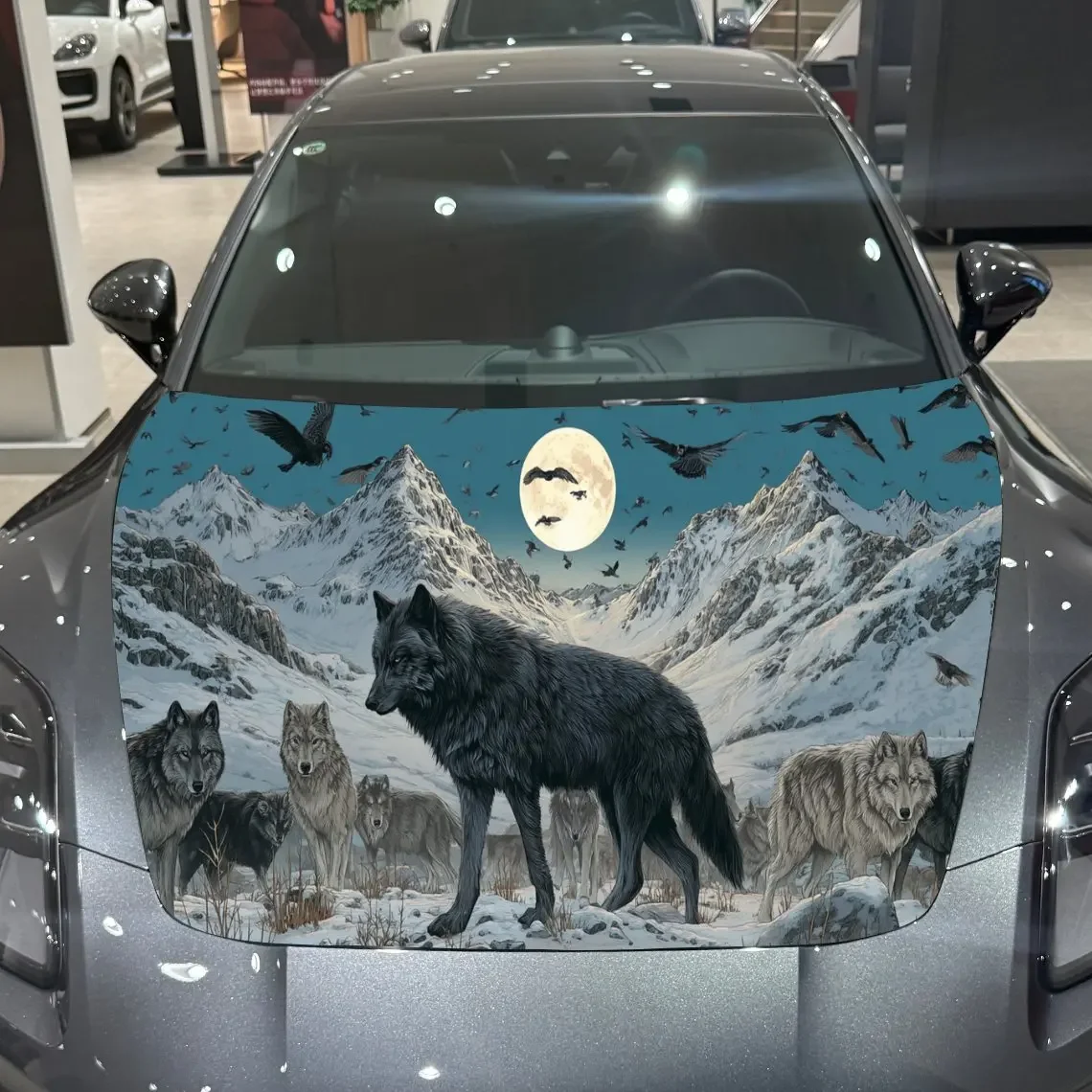 Snow Mountain Wolf Pack Moonlit Adventure PVC Car Hood Wraps, Self-Adhesive Waterproof Car Bonnet Decal Sticker, Car Decoration
