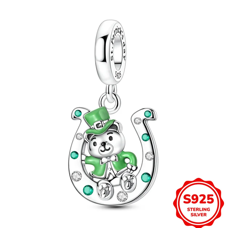 

Original 925 Sterling Silver St. Patrick's Day bear pendant Charms Fit DIY Bracelet Necklace Engagement Birthday Jewelry Gift