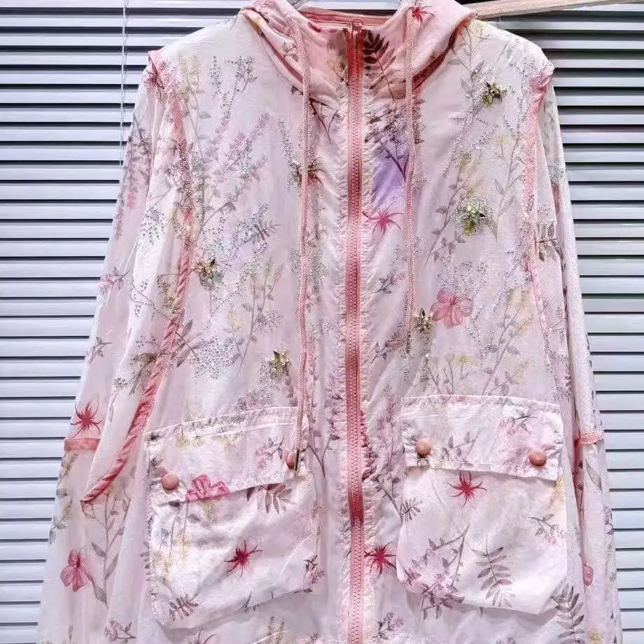

New In 2025 Summer Bling Diamonds Stitch Lightweight Hooded Shirts Blouses Women Long Sleeve Thin Sunscreen Loose Casual Top