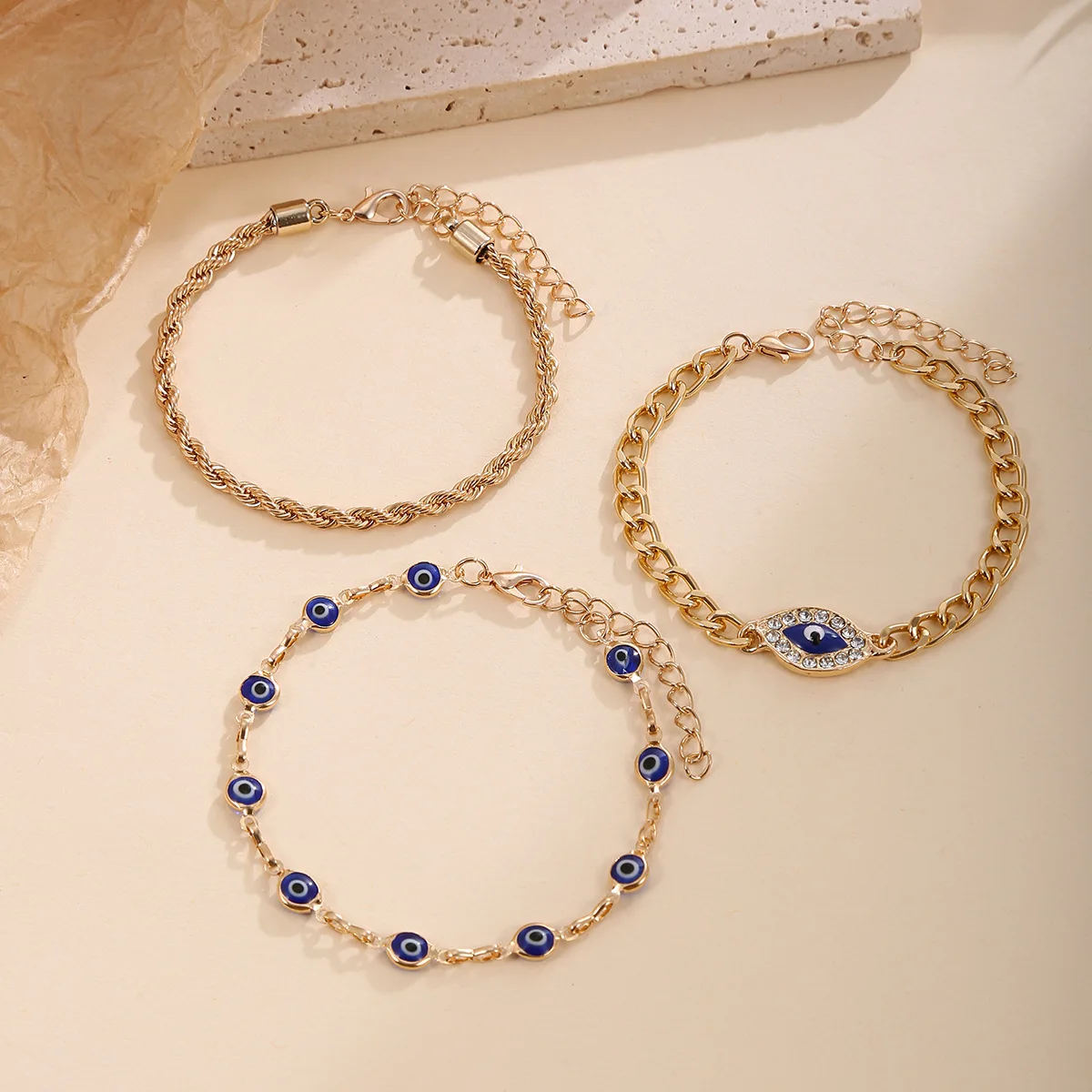 3 قطعة الأزرق عين الشر سحر سوار مجموعة للنساء الذهب اللون سلسلة الإسورة أنثى موضة مجوهرات اكسسوارات الحفلات #3