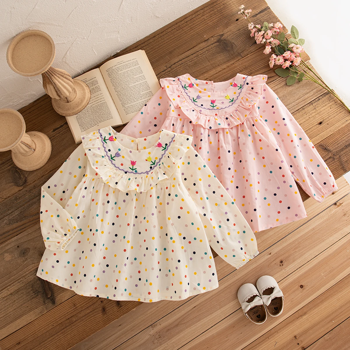 Spring And Autumn New Flower Embroidered Baby Girl Dress With Polka Dot Long Sleeve Children'S Clothing (9 Months -3 Years Old)