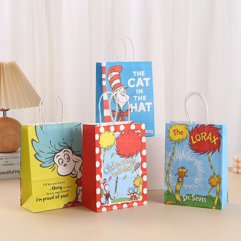 

Kraft Paper Tote Bag Dr. Seuss Bag Picture Book Series Cat in The Hat Cartoon Party Favor Bag