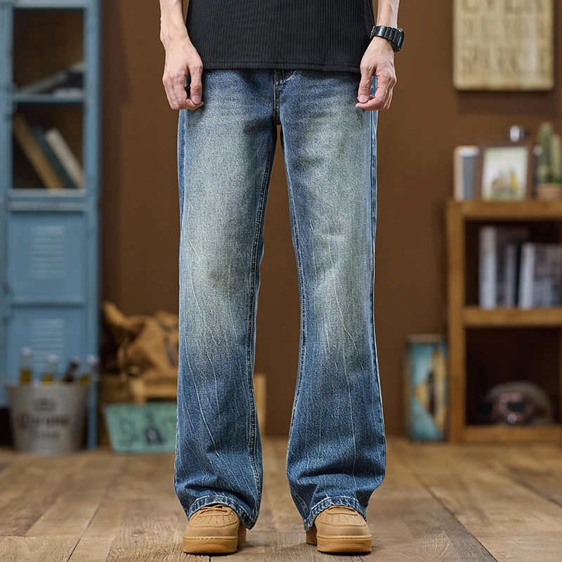 KSTUN Flared Jeans Men Bootcut Denim Pants Streetwear Blue American Style Men's Trousers Full Length Bell-bottom Jeans Male