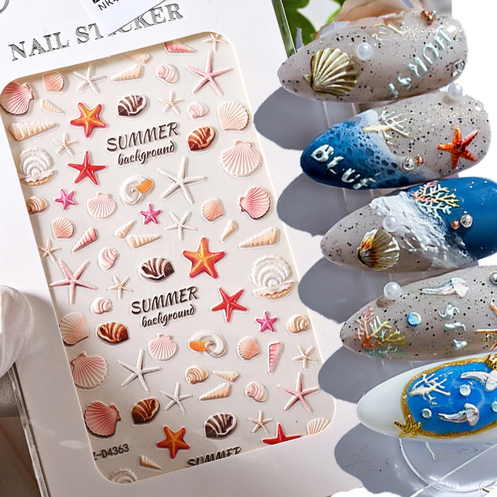 1Pcs Colored Sea Shell 5D Nail Art Sticker 8*10CM Embossed Shell/Flowers Nail Art Decoration Self-Adhesive 5d Nail Decals NK-149