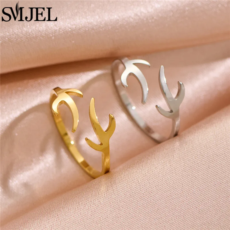 Elk Antlers Ring Women's Stainless Steel Deer Horn Finger Rings 2024 New Fashion Christmas Jewelry Best Friend Gift Wholesale