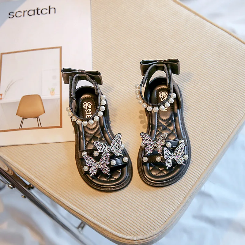 Girl Sandal 2025 New Summer Pearl Ankle Strap Children Shoes Rhinestone Butterfly Open Toe Princess Sandals Girls Shoes CSH1626