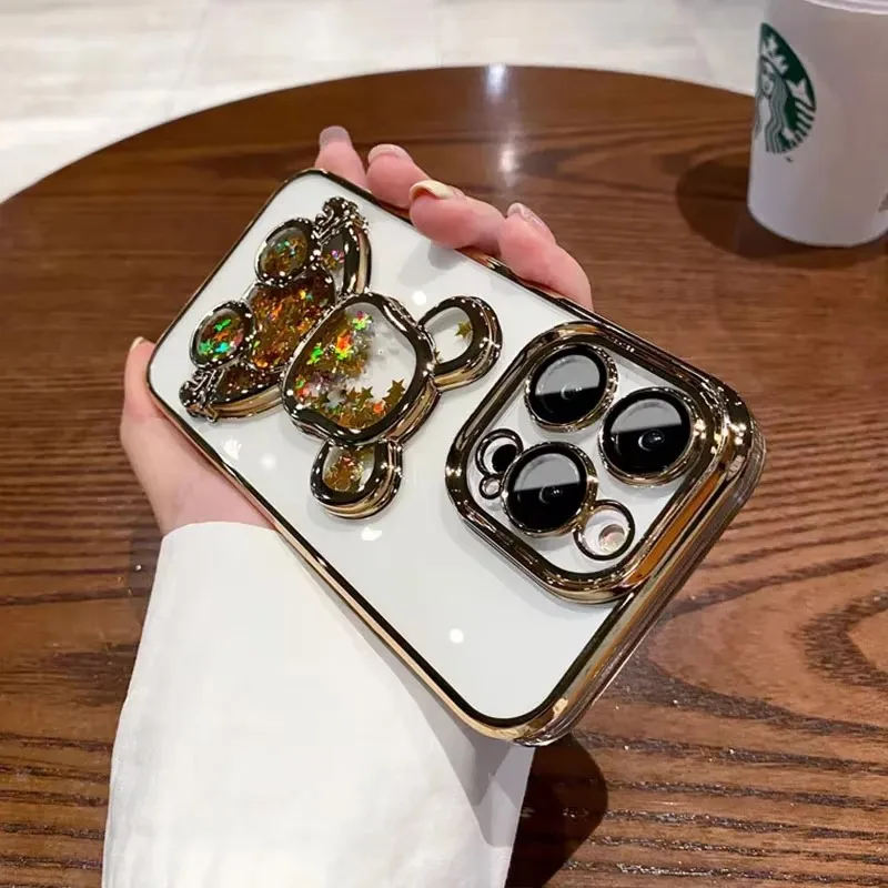 

Cartoon Bear Glitter Quicksand Case for iPhone 17 16 14 15 Pro Max 13 12 11 Xr Xs 17 Air Transparent Plating Camera Film Cover