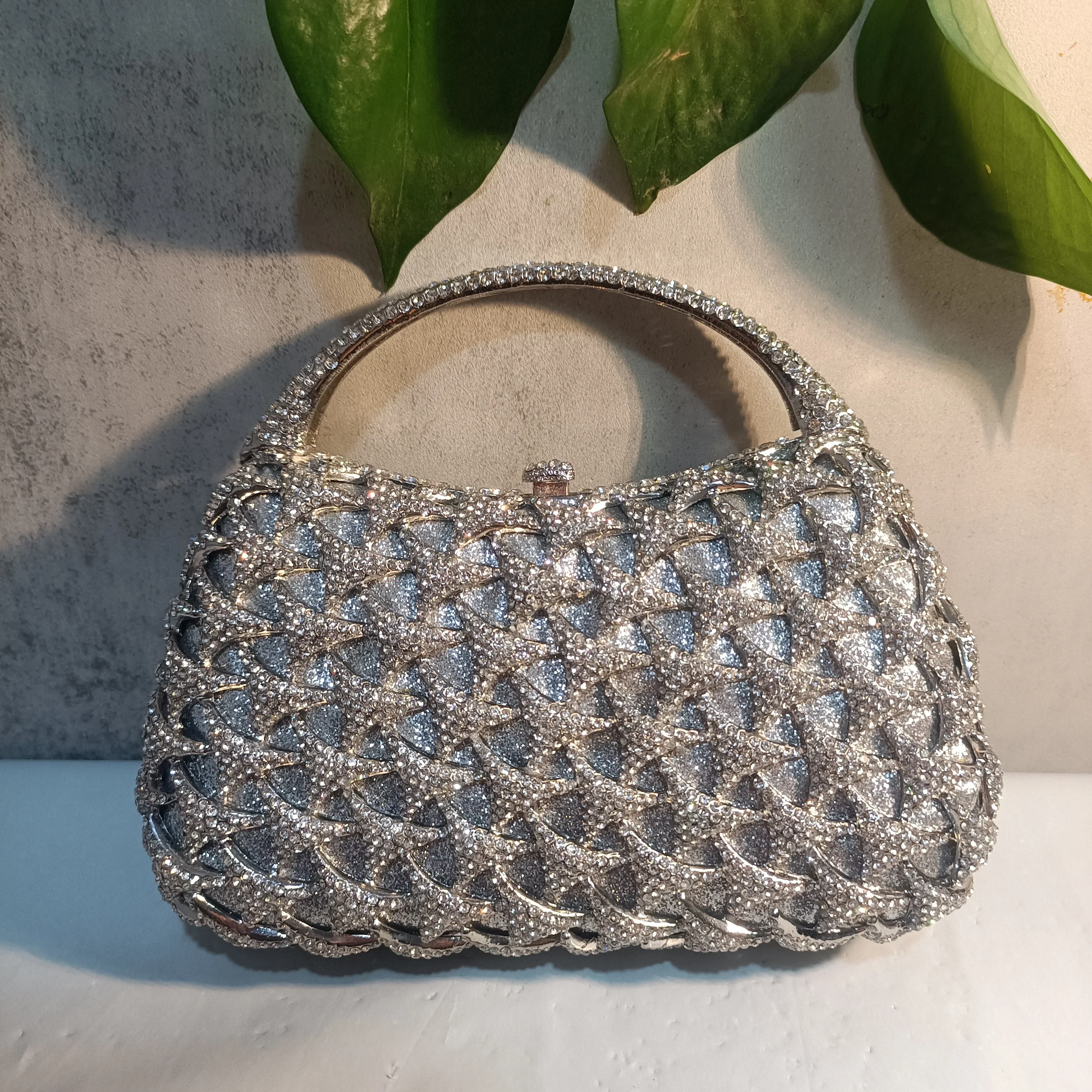 

XIYUAN Silver Hollow Out Women Banquet Gala Handbag Dinner Party Diamond Evening Bag Wedding Bridal Big Size Purse With Handle