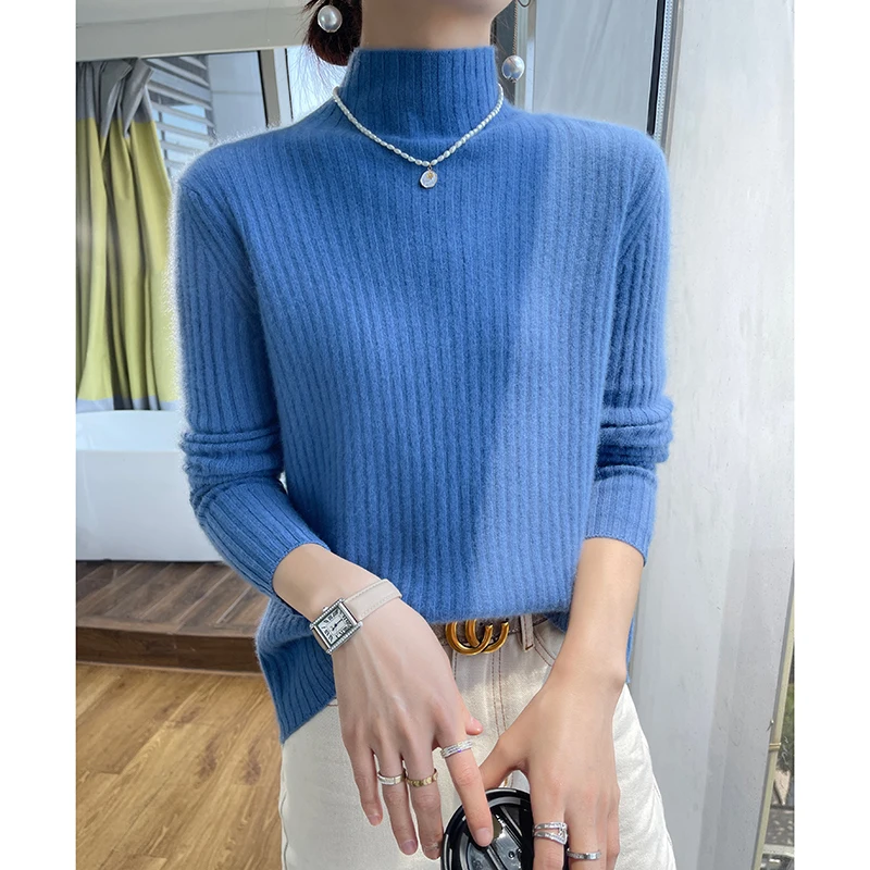 

Half High Neckline Slim Fit Sweater For Women's Autumn Winter Warm Solid Color Basic Style Pullover Knit 100%Merino Wool Jumper