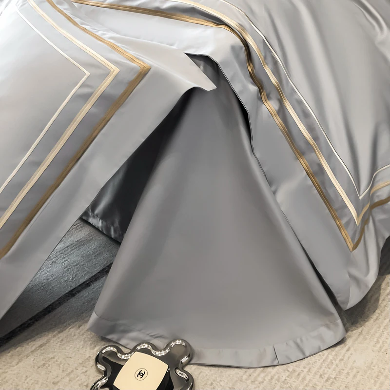 Imagem -04 - Conjunto de Cama de Algodão Egípcio Golden Embroidery Duvet Cover Grey Bedclothes Bed Sheets Fronhas Hotel Estilo Luxo Cor Sólida