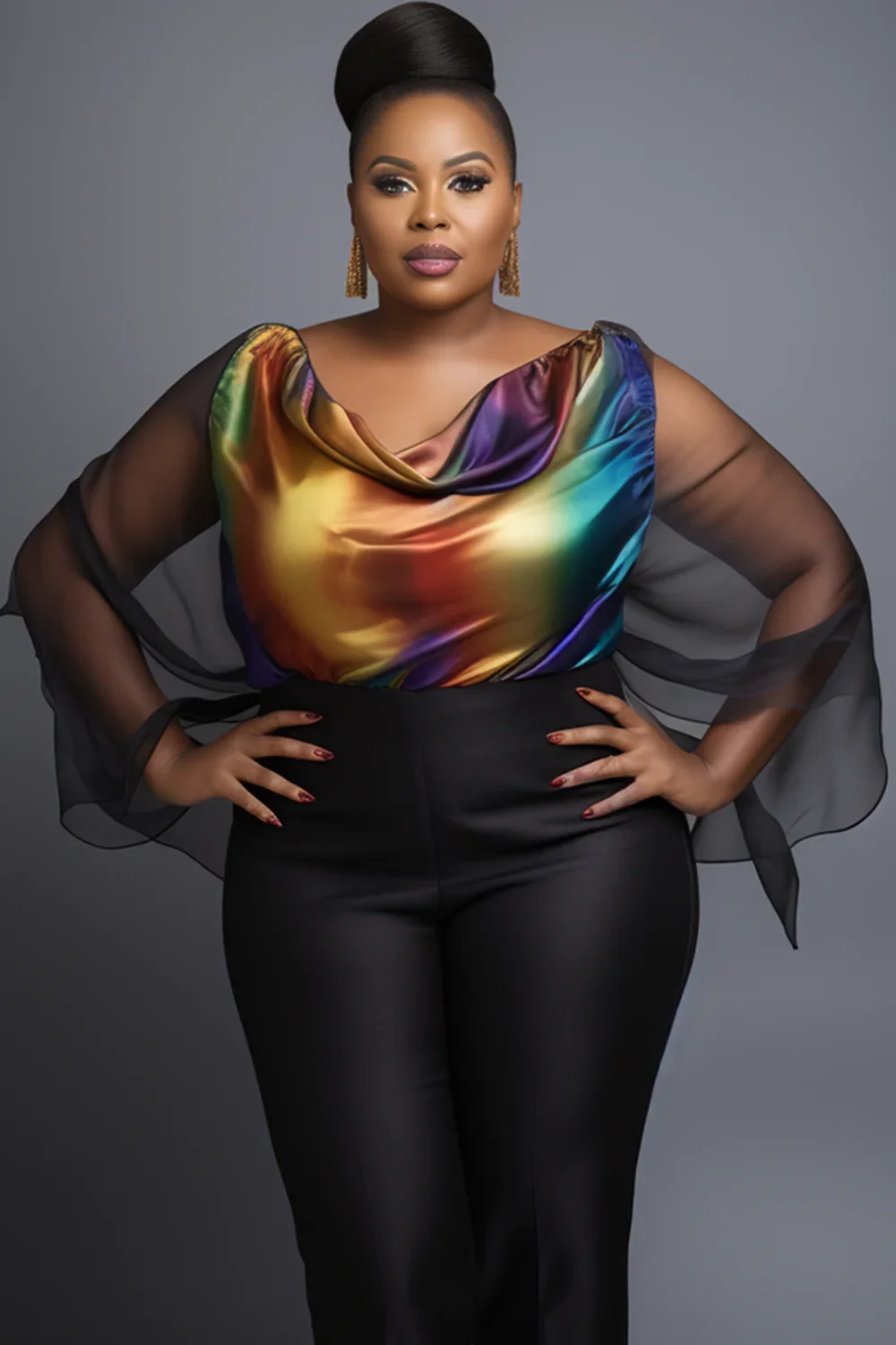 Women Plus Size Multicolor Gradient Blouse Cowl Neck Batwing Sleeve Long Sleeve See Through Ruffled Fold Chiffon Blouse Business