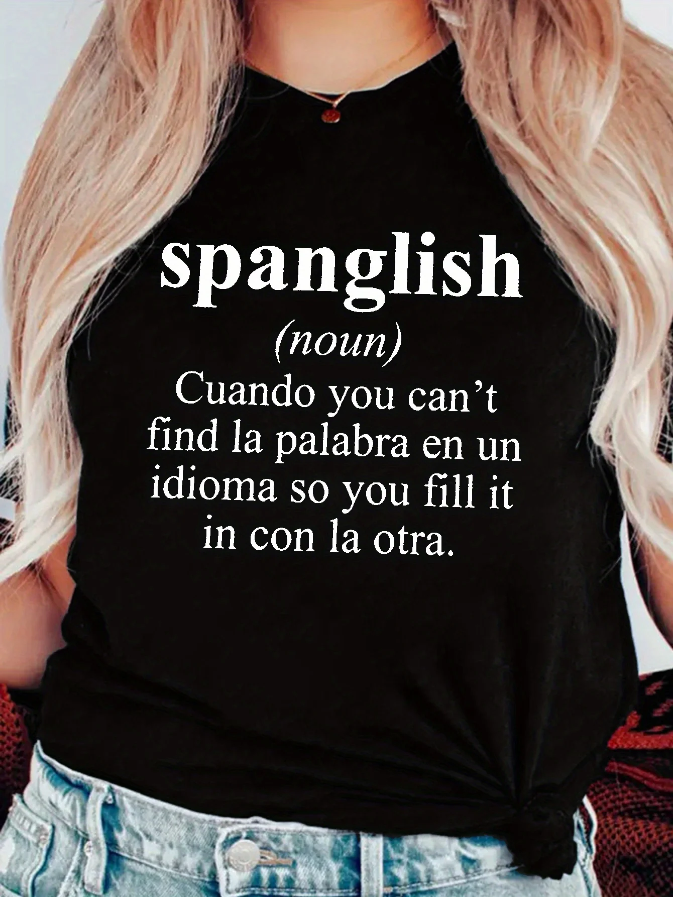 Spanglish Print T-shirt, Short Sleeve Crew Neck Casual Top For Summer & Spring, Women's Clothing