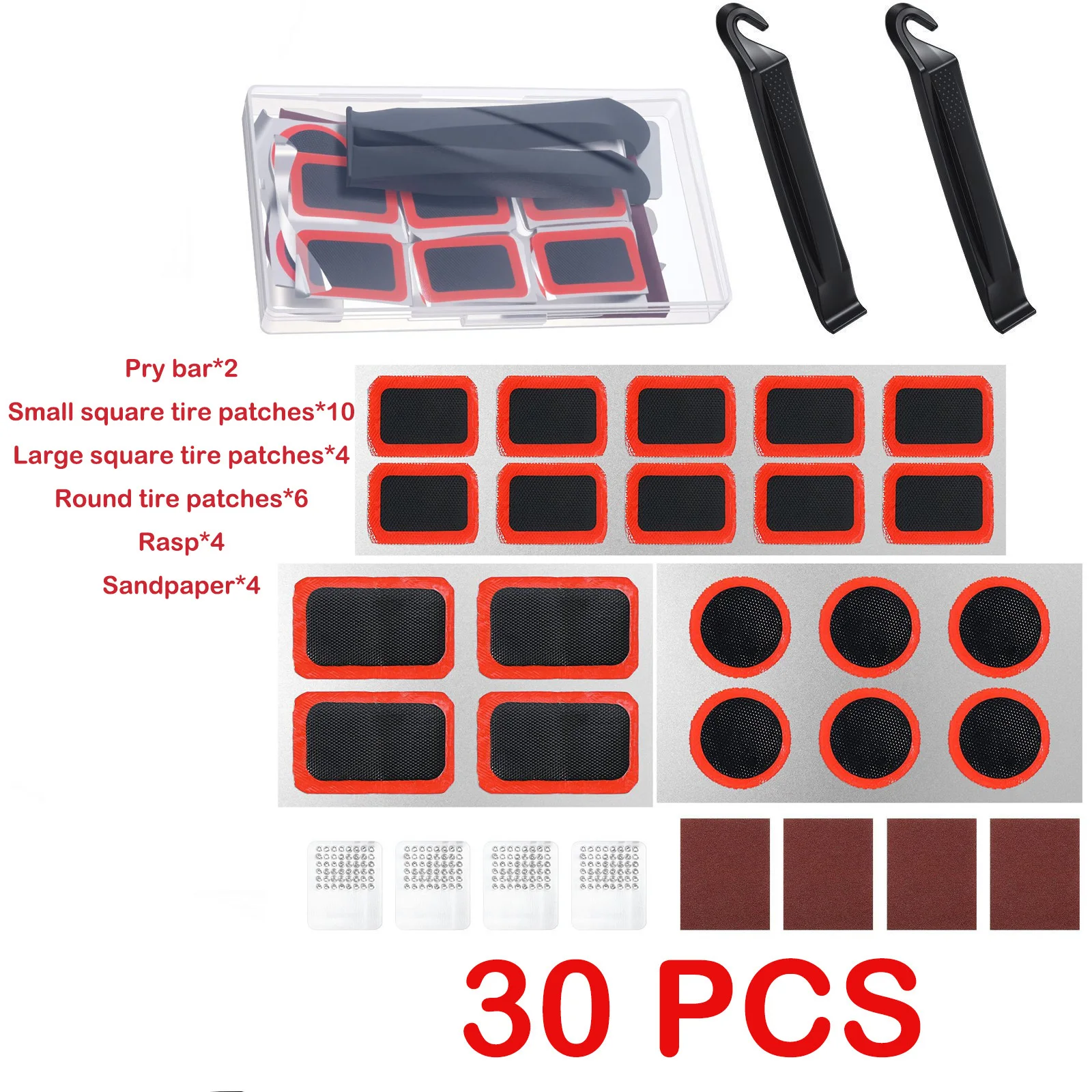 30Pcs Self-Adhesive Bike Tire Patch Repair Kit Portable Tool Box Universal for MTB Commuter Bicycle Motorcycle Inner Tube Emerge