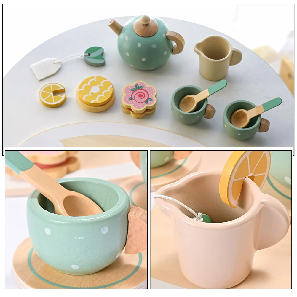 Household Tea Set Toys Preschool Childrens Kids Kitchen Playset Wooden Miniature Teaware