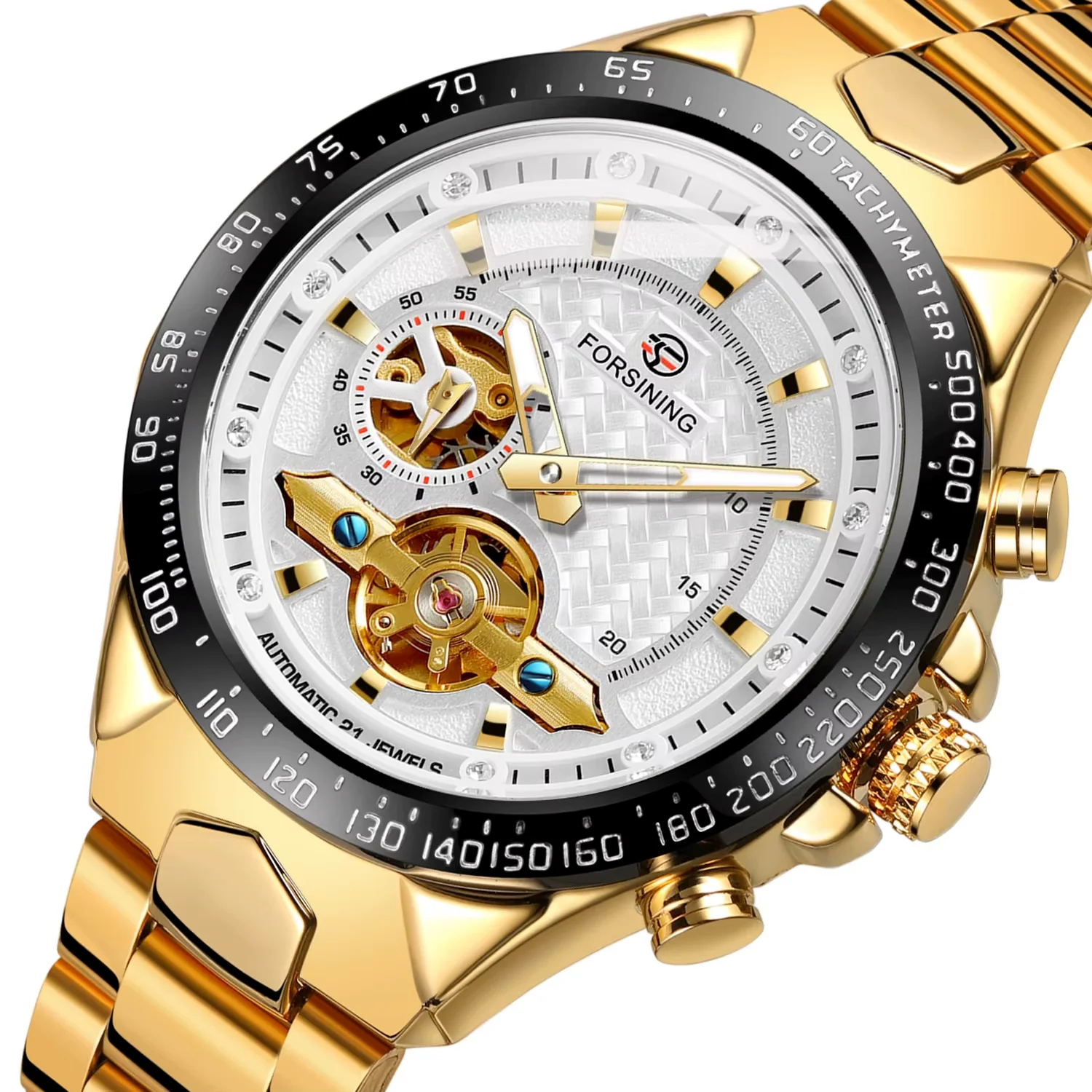 FORSINING Men's and women's watches Simple wind flywheel nail scale mechanical watch Steel strap Wrist Watch Gold watch