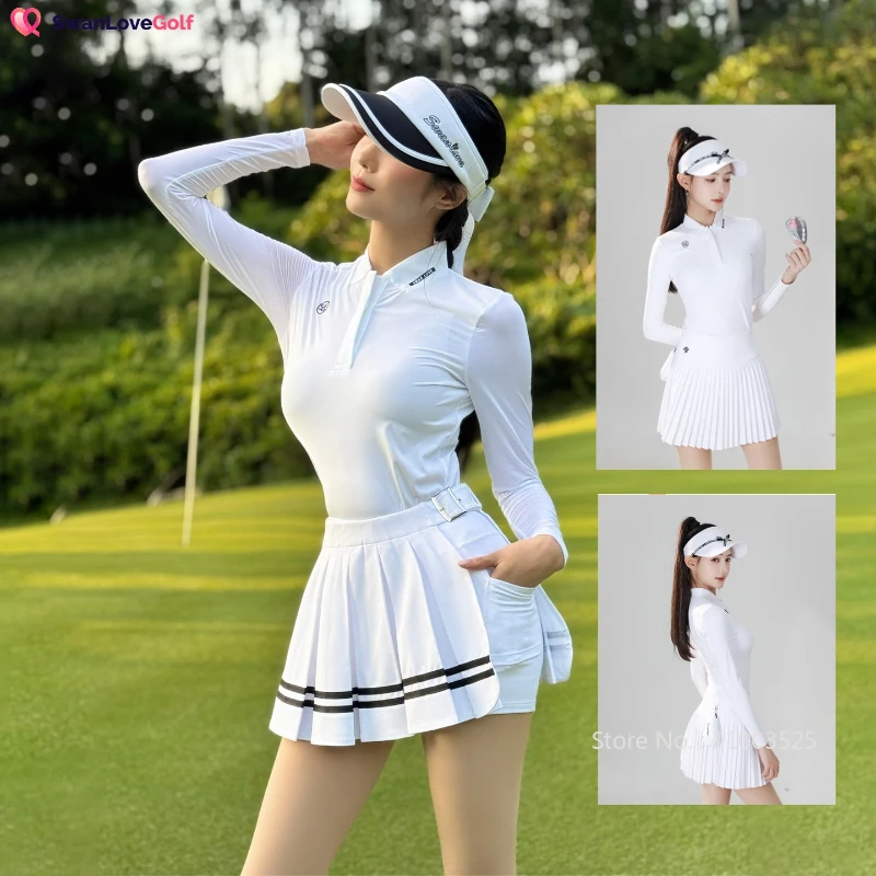 

SG Autumn Solid Golf Tops White Outfits Long-sleeved Elastic T-shirt Sports Shirts Ladies High Waist Pleated Skirt Tennis Skorts