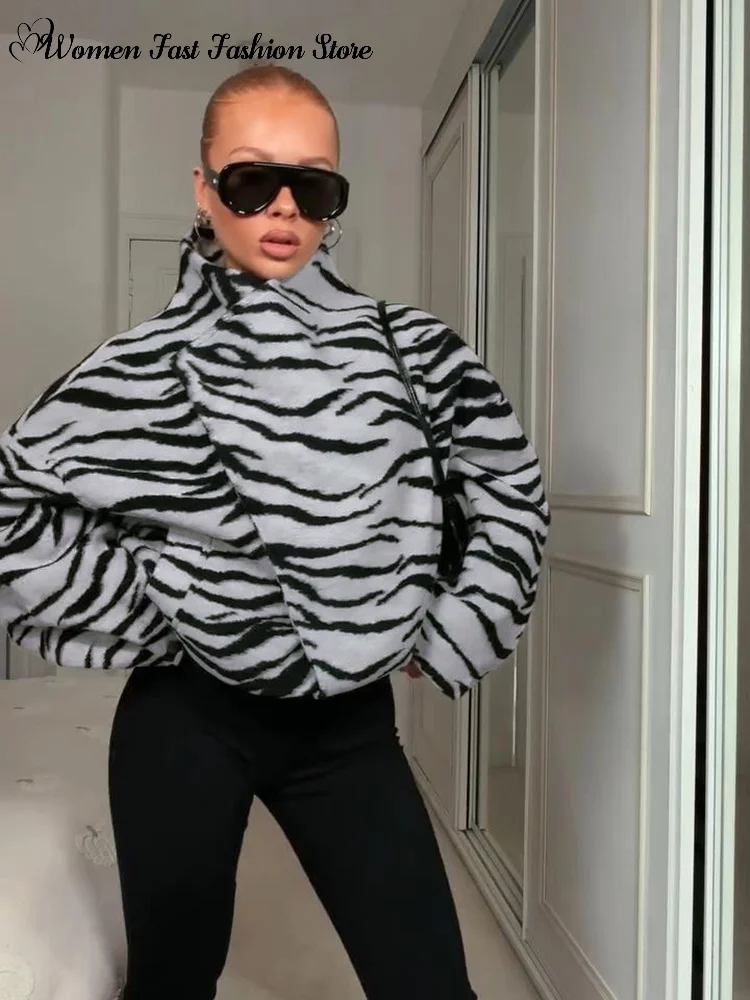 Zebra Striped Print Stand Collar Coats 2026 Autumn New Ladies Loose Asymmetric Hidden Button Full Sleeve Jackets Women's Outwear