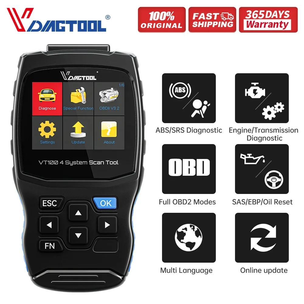 NEW VDIAGTOOL VT100 Engine Analyzer OBD2 Diagnostic Scanner ABS SRS Transmission EOBD OBD2 Code Reader Scan Tool