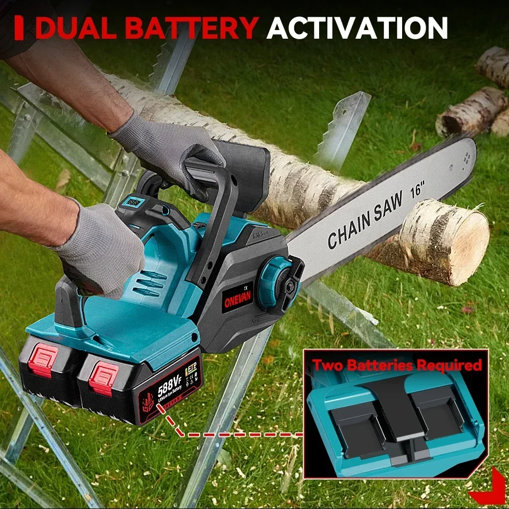 ONEVAN 16Inch Brushless Electric Chainsaw LED Auto Oiling Cordless Woodworking Cutter Garden Power Tool For Makita 18V Battery