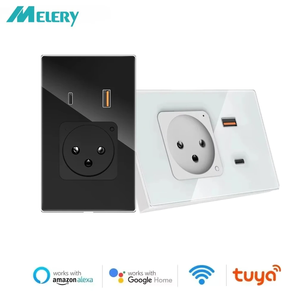 Melery Israel Wifi Tuya Wall Socket USB Type-C PD 30W Charge Smart Plug Outlet Glass Panel Remote Control by Alexa Google Home