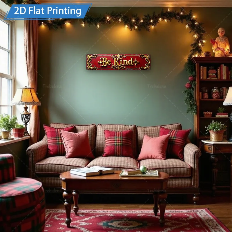 [2D FLAT] قطعة واحدة من اللافتات المعدنية، مقاس 4 × 16 بوصة باللون الأحمر العتيق، لافتة معدنية لطيفة لديكور عيد الميلاد