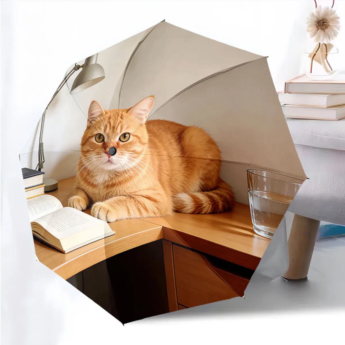 1PC Cat's Cozy Reading Corner Umbrella Print 8 Iron Ribs Folding Umbrella Auto-Open Fashion Sunshade