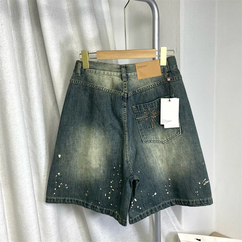 아메리칸 스타일 잉크워시 디자인 여성 빈티지 스트레이트 레그 올매치 반바지 여름 하이웨이스트 루즈 와이드 팬츠