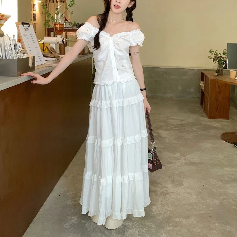 Korean Mori Girls Vintage Crochet Skirts Set Summer Y2k Short Sleeves Slim Shirts with White Loose A-line Long Skirts for Women