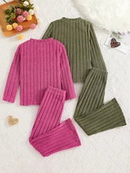 Children's Spring and Autumn Girls' Set - Rose Red+Green Round Neck Knitted Top+Knitted Straight Pants