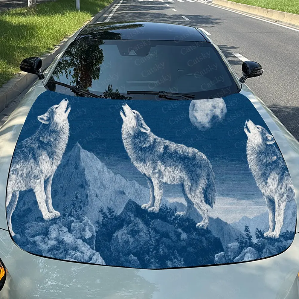 

Car Decal Wolf Pack Howling in Monochromatic Mountain Landscape with Moon Accent, Creating a Bold and Atmospheric Visual Car Hoo