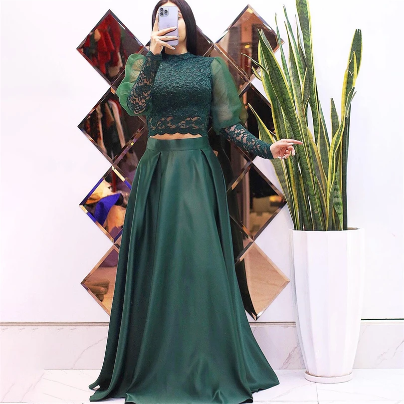 

Green Lace 2 In 1 Formal Evening Dresses Puff Sleeves A-Line High Neck Glitter Prom Dress Floor Length Bridesmaid Party Gowns