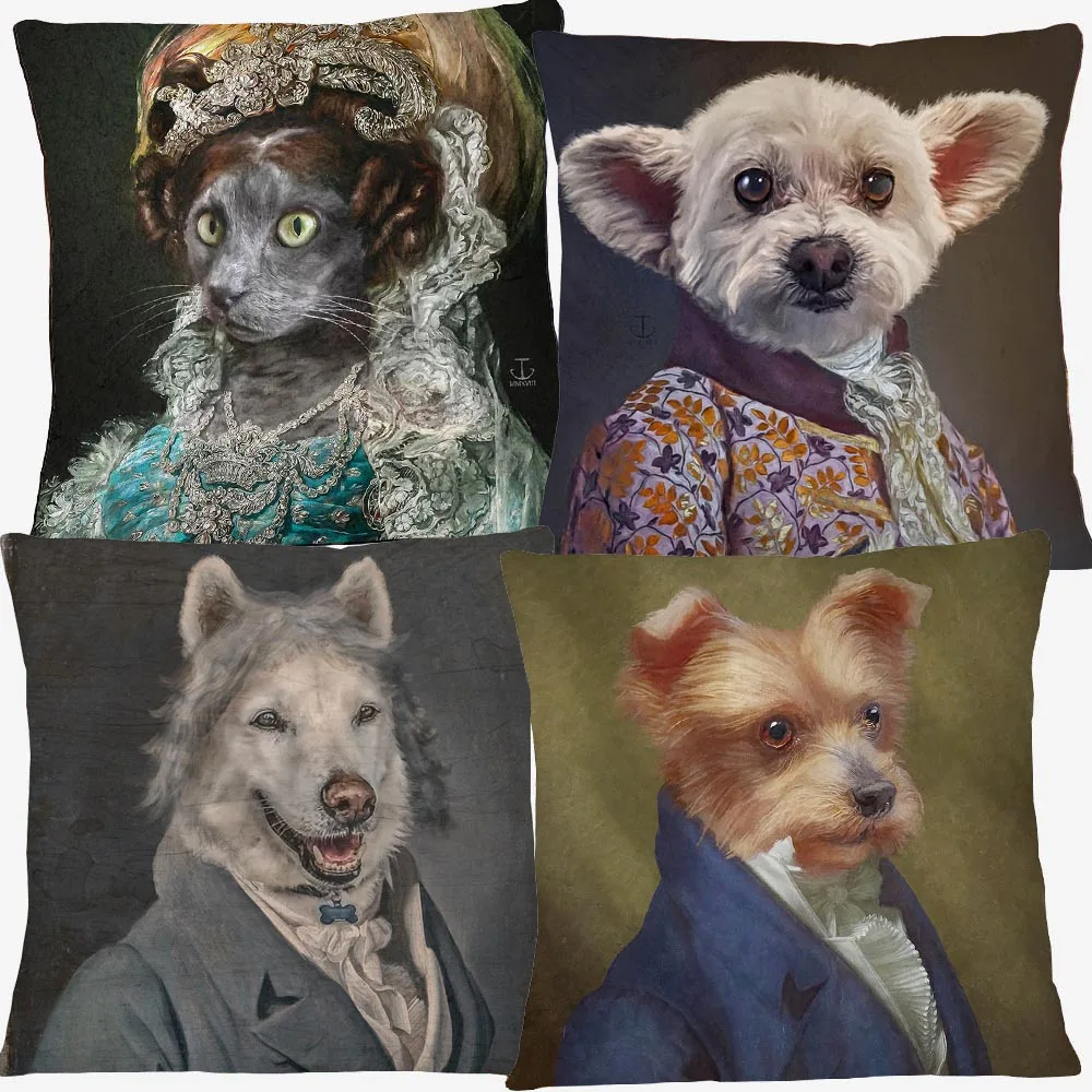 European Royal Court Dog Animals Portrait Painting Cushion Covers Vintage Cat Decorative Pillow Case For Sofa
