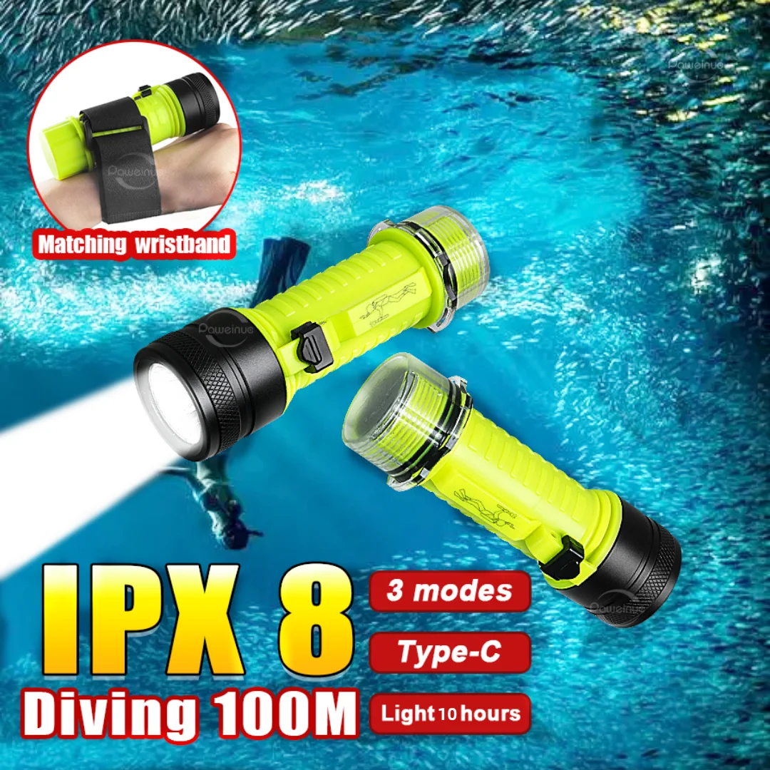 IPX8 Professional Diving Flashlight 100M Rechargeable Underwater Flashlight Dive Torch Power Display Diving Torch Light