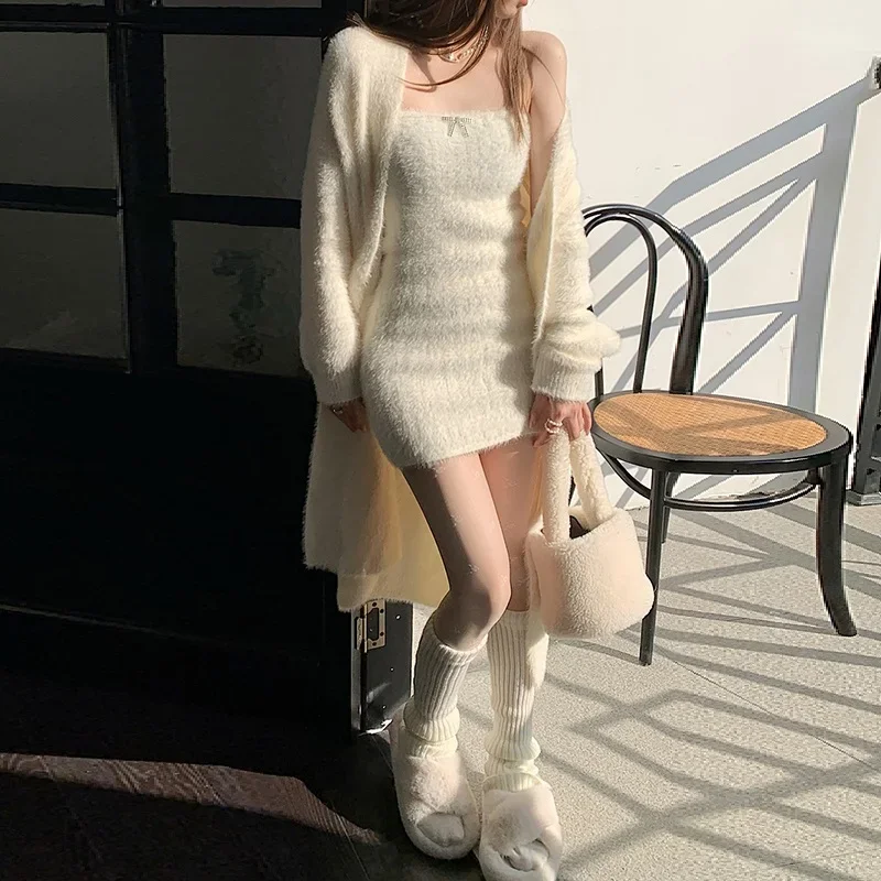 2024 spring Korean two piece dress elegant knitted suit mini dress women luxury sexy 2 piece sets white cardigan two piece set