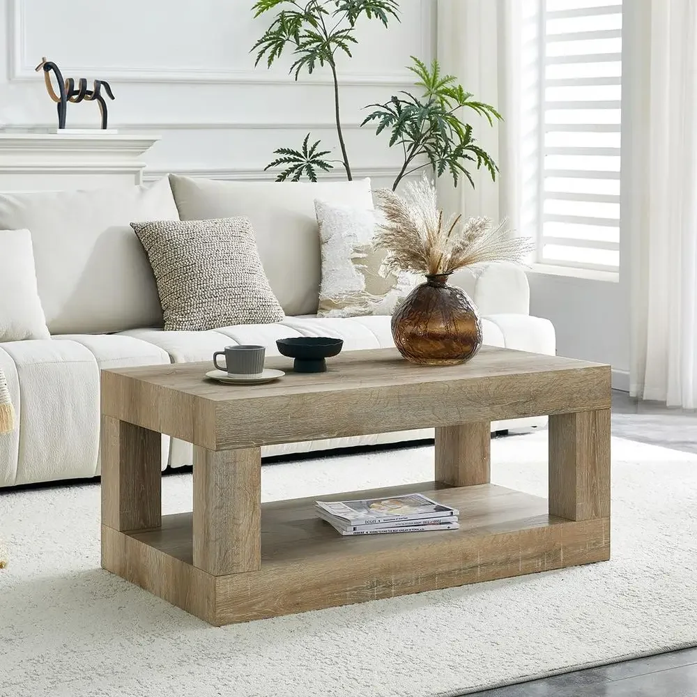 

2-Tier Rectangular Coffee Table with Storage for Living Room | Natural Wood, Smooth Edges, Easy Assembly