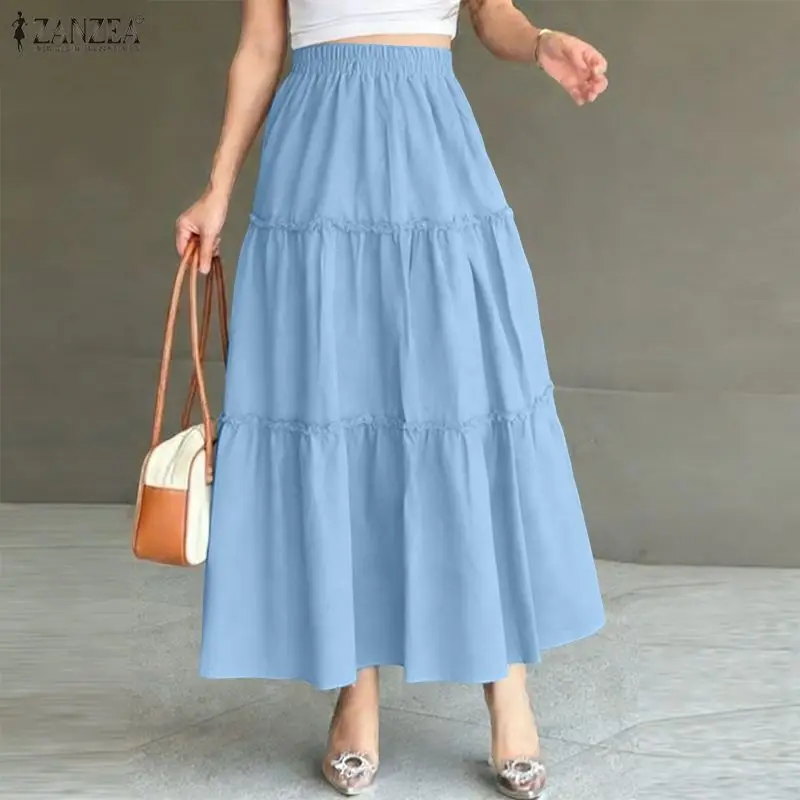 

Женские летние повседневные макси-юбки ZANZEA 2026: модные длинные юбки с оборками, высокой талией, свободного кроя, однотонные, на эластичной резинке (Jupes Faldas Saia)