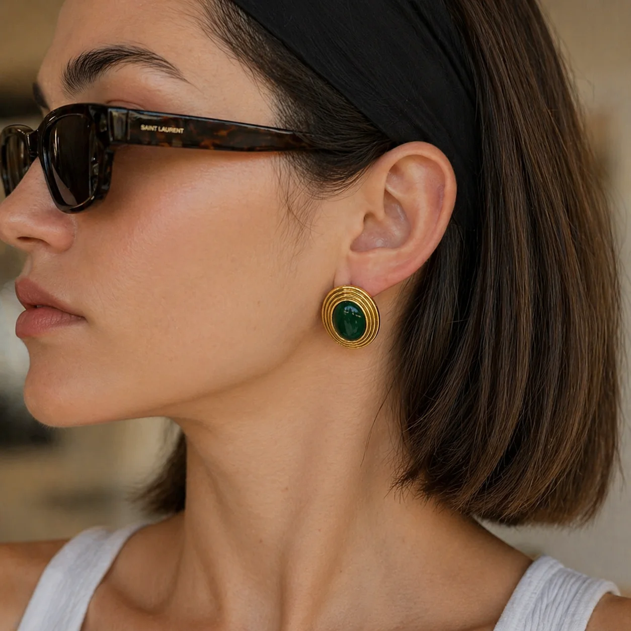 

PuRui Vintage Inlaid Resin Stainless Steel Oval Stud Earrings Women Luxury PVD 18K Gold Plated Geometric Earring Daily Jewelry