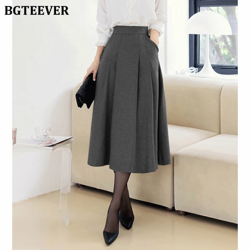 

BGTEEVER стильные плиссированные юбки-миди для женщин, шерстяные женские юбки трапециевидной формы с высокой талией, осень-зима