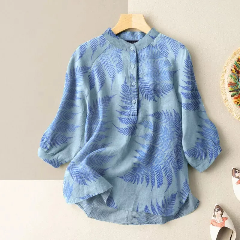 2023 Oversize Cotton Linen Blouse Vintage Leaf Print Button Tops Women Fashion 3/4 Sleeve Blusas Female Boho Elegant Tunic Shirt