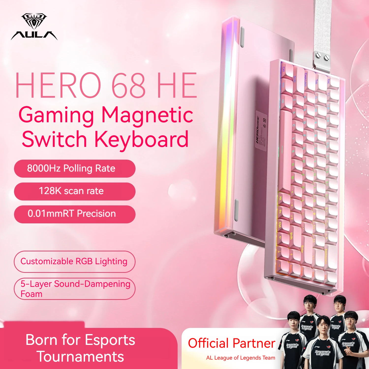 

Магнитная клавиатура AULA Hero 68HE, 75% раскладка, проводная, с функцией Trigger 8K Return, настраиваемая RGB-подсветка, магнитные переключатели, для гейминга