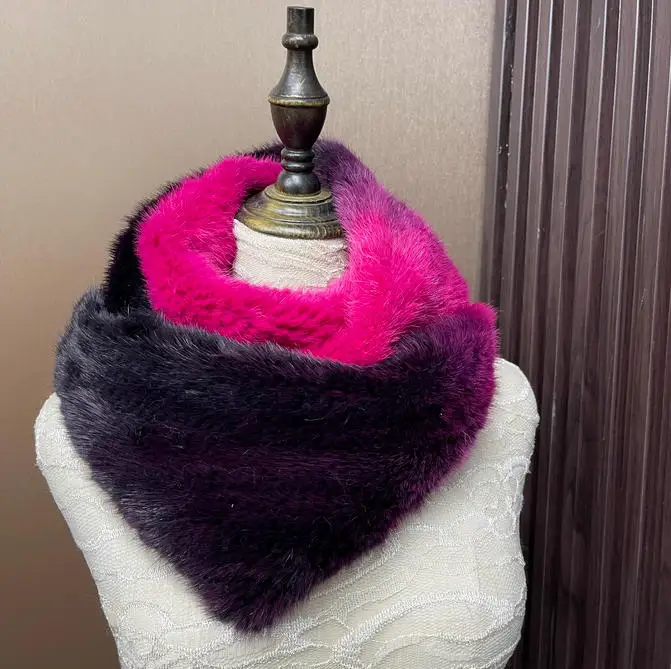 أومبير اللون حقيقية فرو المنك وشاح للنساء الدافئة محبوك إنفينيتي حلقة دائرة الشتاء الإكسسوارات #3