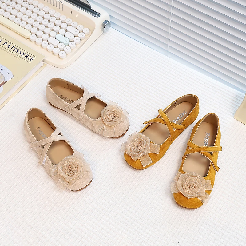

Little Girls Floral Leather Shoes with Cross Strap 2026 New Summer Kids Ballet Flats Soft Sole Trendy Princess School Mary Jane