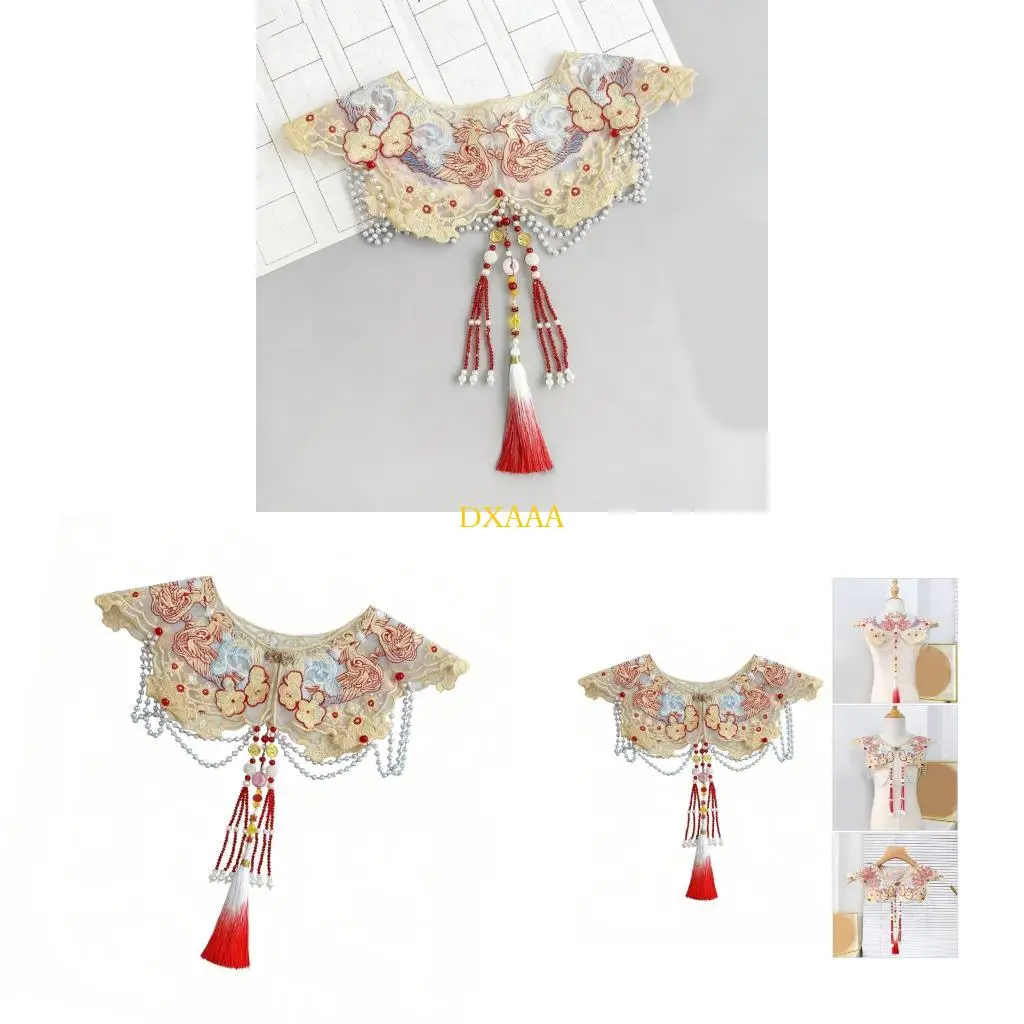 

DXAA Detachable False Collar with Red Flower Embroidered Flower Lapel Half Shirt Traditional Chinese Costume