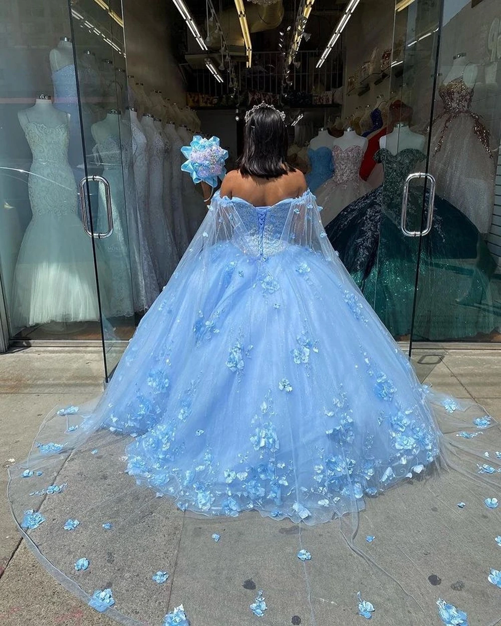 2022 السماء الزرقاء الكرة ثوب فساتين Quinceanera ثلاثية الأبعاد الزهور الخرز الحبيب تول الدانتيل زين الحلو 16 فستان ملابس الحفلات Xv Años