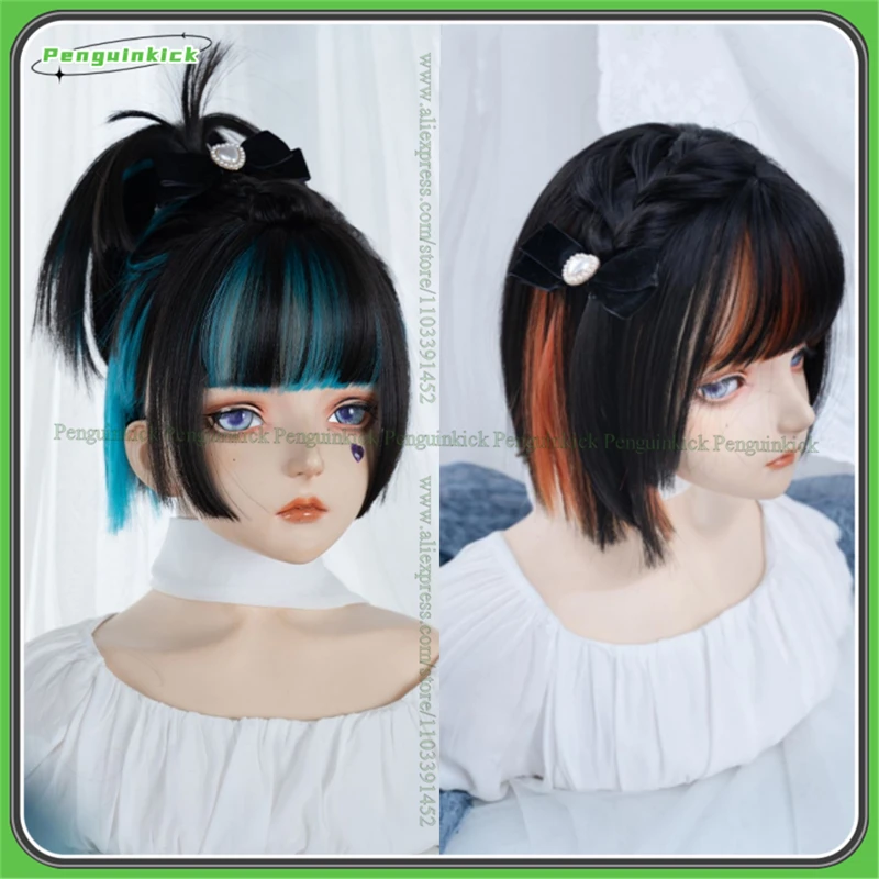 

Women Short Straight Synthetic Wig Highlights Black Blue Orange Hair Adult Lolita Simulated Scalp Bangs Heat Resistant JK