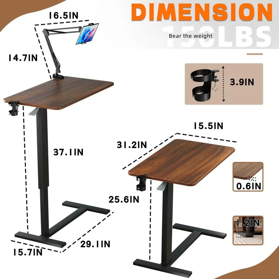Bedside Table with Wheels, Adjustable Hospital Bedside Desk, Rolling Laptop Table, Mobile Standing Desk, Laptop with Cup Holder