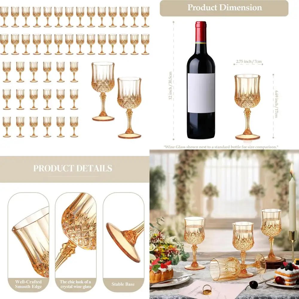 

Set of 48 7oz Vintage-Style Amber Plastic Wine Glasses, Unbreakable Drinkware for Weddings and Events