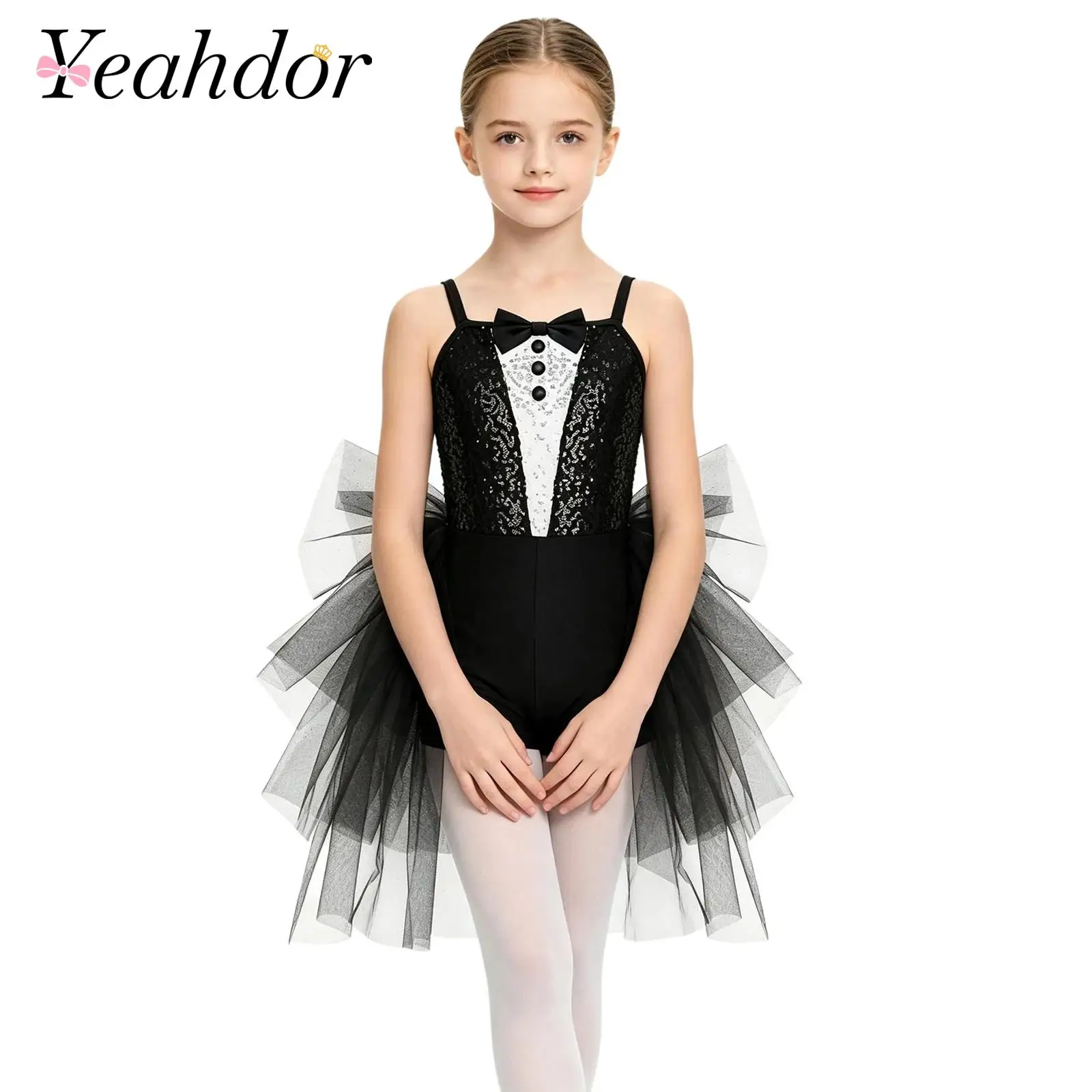 Kids Girls Unitard Party Romper Sleeveless Sequin Bodysuit Children's Skirted Jumpsuit for Stage Performance Magician Costume